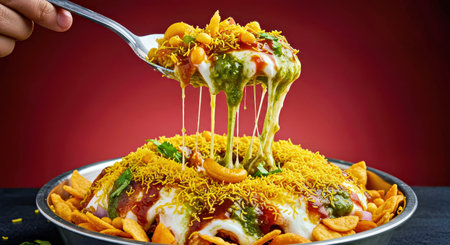 Nachos with guacamole sauce and cheese on red backgroundの写真素材
