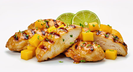 Grilled chicken breast with mango on white backgroundの写真素材