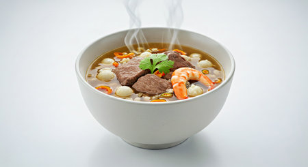 Beef noodle soup with shrimp in white bowl on white backgroundの写真素材