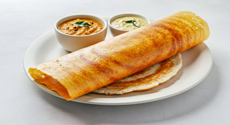 Pancakes stuffed with cottage cheese and sour cream with chutneyの写真素材