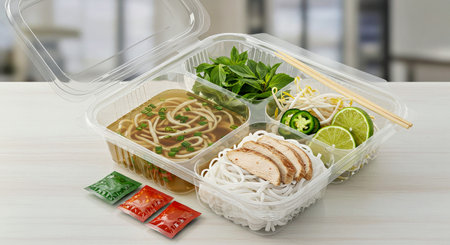 Noodle soup in take away box with chopsticks on table