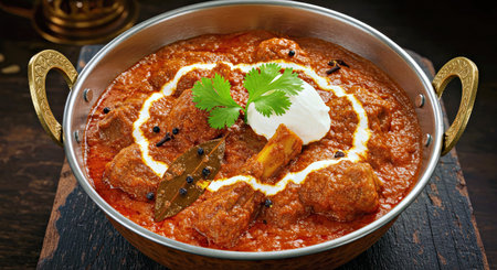 Traditional indian curry with meatballs in a bowl on wooden tableの写真素材