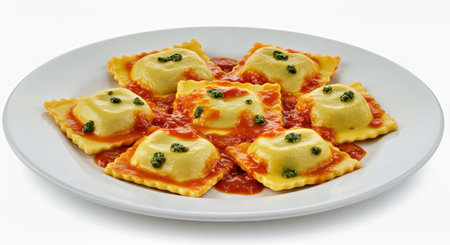 Ravioli stuffed with mozzarella cheese and tomato sauceの写真素材