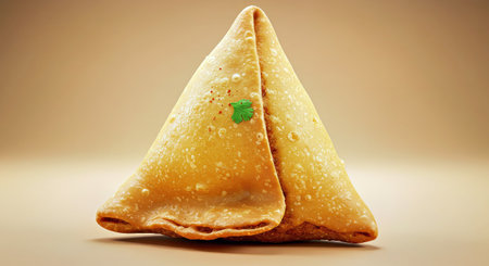 Fried samosas with sesame seeds on beige backgroundの写真素材