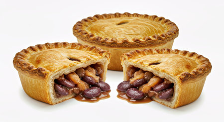 Pies with beans and caramel on a white background close-up