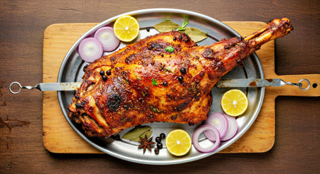 roasted meat with lemon and spices on a wooden board, top viewの写真素材