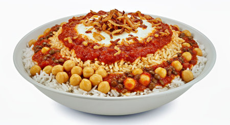 Rice with chickpeas and tomato sauce on a white backgroundの写真素材