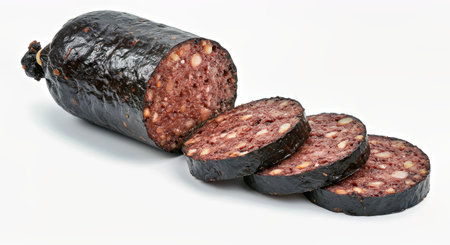 Slices of salami on a white background. Isolatedの写真素材