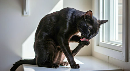 Black oriental cat sitting on the windowsill and licking her lipsの写真素材