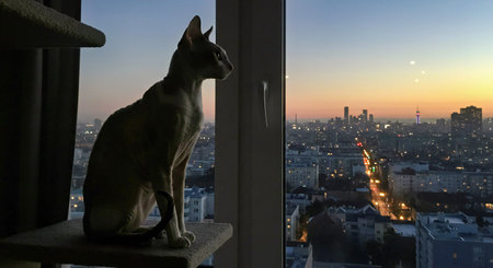 Sphynx cat sitting on the window and watching the city at sunsetの写真素材