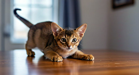 Beautiful Abyssinian kitten sitting on the floor and looking at cameraの写真素材