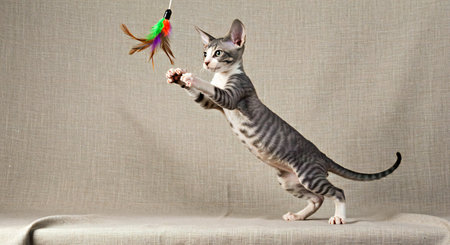 bengal cat plays with a toy mouse on a gray background