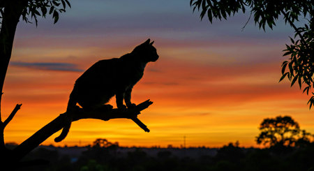 Silhouette of cat on the tree with sunset sky background.の写真素材