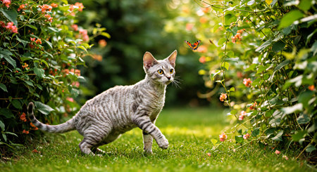 Cute tabby kitten walking in the garden with flowers in the backgroundの写真素材