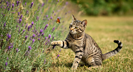 tabby cat playing with a butterfly in a lavender field.の写真素材