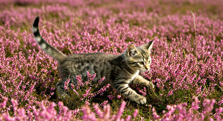 Cute bengal kitten sitting on the bed in the roomの写真素材