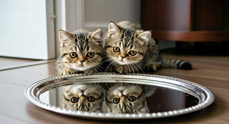 Three kittens sitting in front of a mirror.