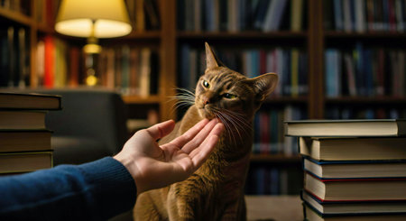 Close-up of a woman's hand stroking a cat in a libraryの写真素材