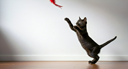 Domestic cat plays with a feather in a room with a white wallの写真素材