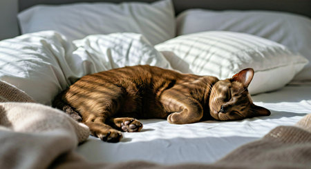 Bengal cat sleeping on the bed in the morning light.