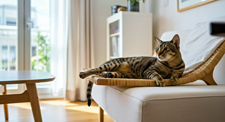 Beautiful bengal cat lying on the sofa at home.の写真素材