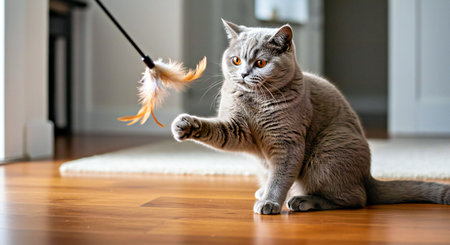 British shorthair cat playing with a toy on the floor at homeの写真素材