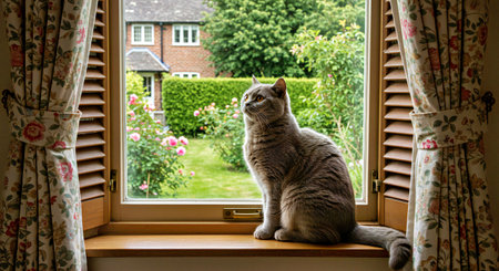 British shorthair cat sitting on the windowsill and looking out the windowの写真素材