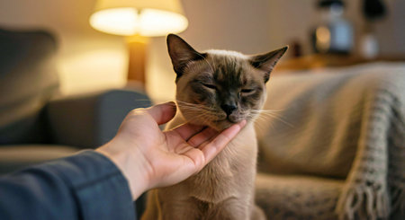 Close-up of a female hand stroking a siamese catの写真素材