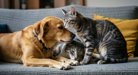 Cat and dog playing together on sofa at home. Pet love concept.の写真素材