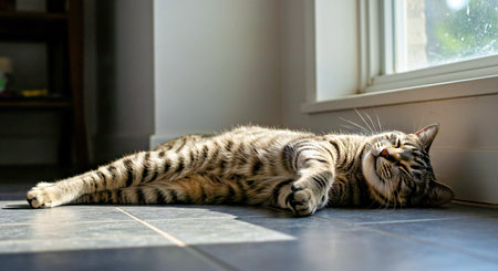 Cute cat lying on the floor near the window