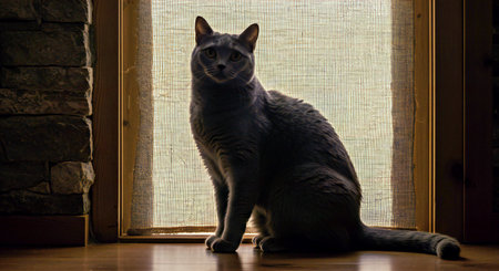 Beautiful gray cat sitting on the window sill at home. Toned.の写真素材