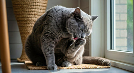 British Shorthair cat sitting on the floor and licking his pawの写真素材