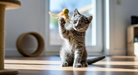 Cute little british shorthair kitten playing with a ball at home