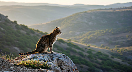 Cat sitting on a rock in the mountains at sunset. Shallow depth of fieldの写真素材
