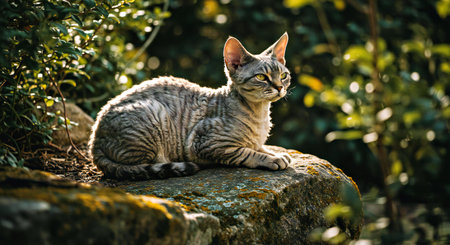 Beautiful cat sitting on stone in the garden. Shallow depth of field.の写真素材
