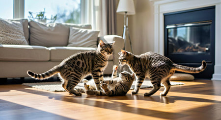 Cute bengal kittens playing in the living room at home