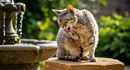 Cat sitting on a stone in the garden and looking to the sideの写真素材