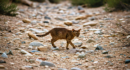 Wild cat walking on a rocky surface.の写真素材