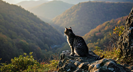 Beautiful cat sitting on the rock in the mountains at sunset.の写真素材
