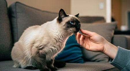 Siamese cat with blue eyes sitting on the couchの写真素材