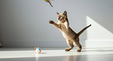 Sphynx cat playing with a ball on a white floorの写真素材