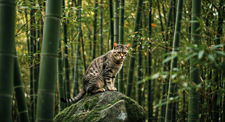 Cat sitting on a rock in a bamboo forest. Bamboo background.