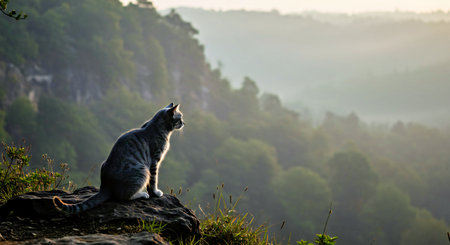 A cat sitting on top of a rock and watching the sunrise.の写真素材