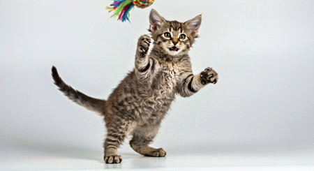 Cute little tabby kitten playing with a toy on white backgroundの写真素材