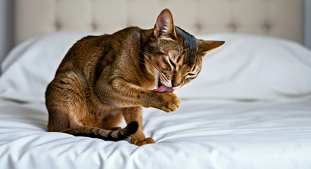 Beautiful Abyssinian cat is licking his paw on the bed.の写真素材