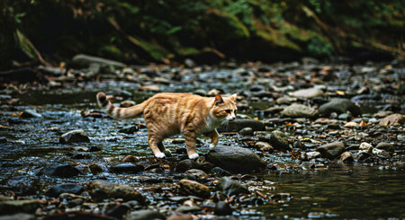 Cat walking on the river in the forest. Cat walking on the river.の写真素材