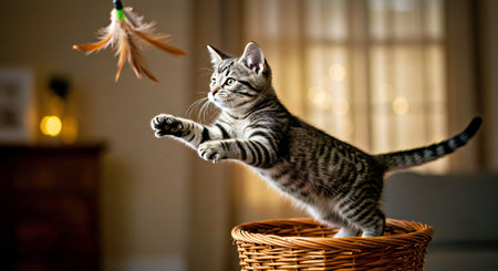 Cute tabby kitten playing with a feather in a wicker basketの写真素材