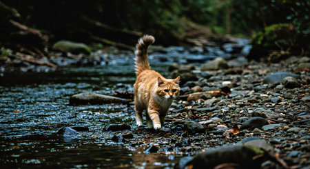 Cute ginger cat walking in a stream in the rainforest.の写真素材