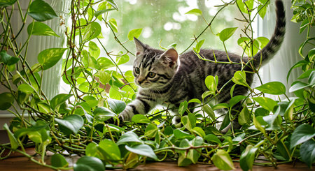 Cute tabby cat sitting on the window with green plant.の写真素材