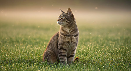 Cute tabby cat sitting on green grass in sunset light.の写真素材